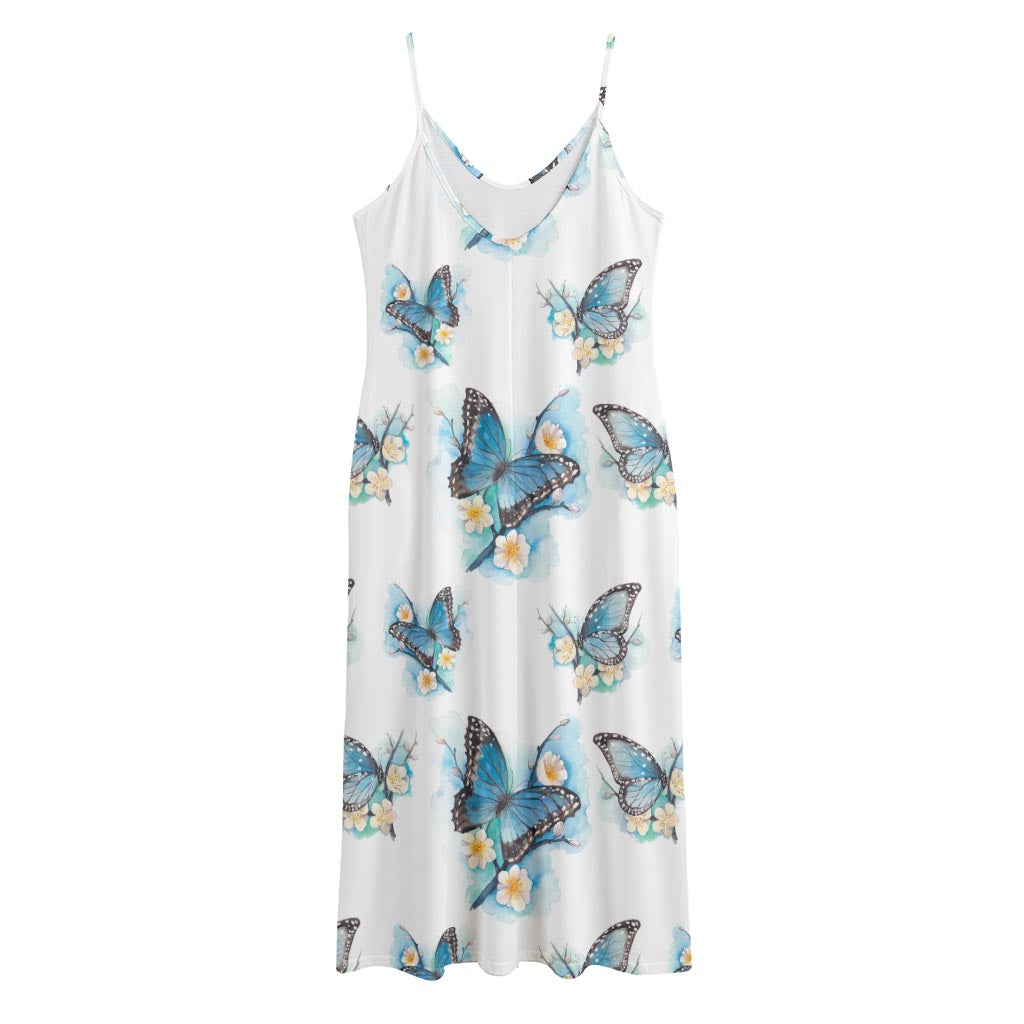 Blossom Blue Butterfly Pattern Print Jersey Midi Cami Dress