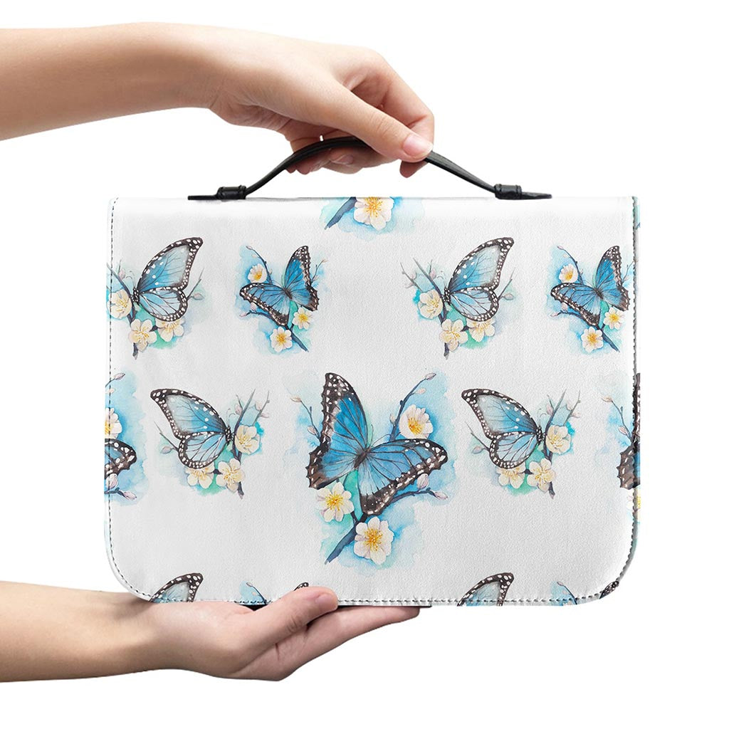 Blossom Blue Butterfly Pattern Print Leather Bible Cover