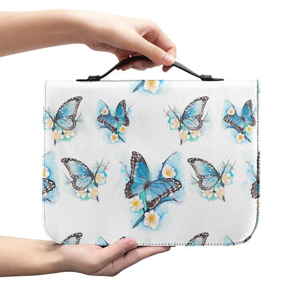 Blossom Blue Butterfly Pattern Print Leather Bible Cover
