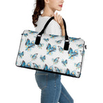 Blossom Blue Butterfly Pattern Print Leather Duffle Bag