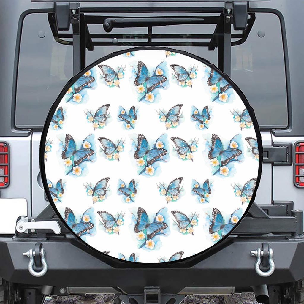 Blossom Blue Butterfly Pattern Print Leather Spare Tire Cover