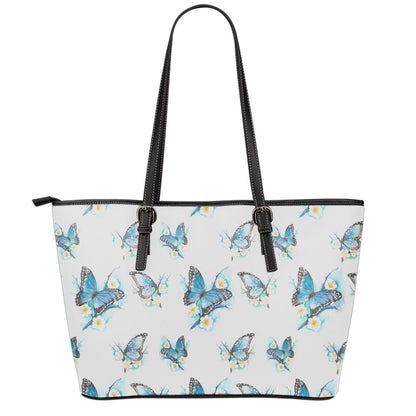 Blossom Blue Butterfly Pattern Print Leather Tote Bag