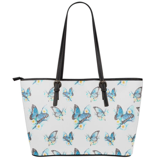 Blossom Blue Butterfly Pattern Print Leather Tote Bag