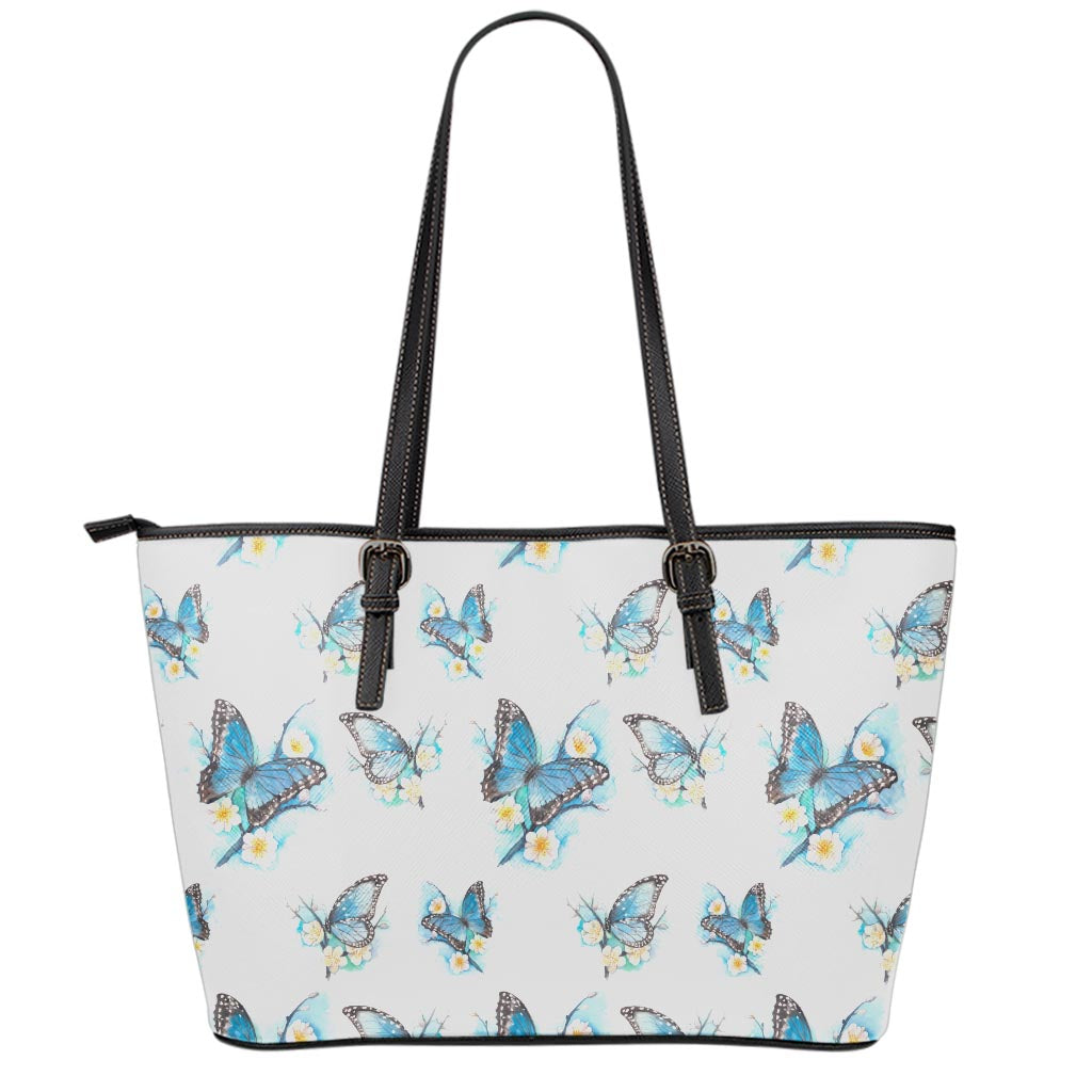 Blossom Blue Butterfly Pattern Print Leather Tote Bag