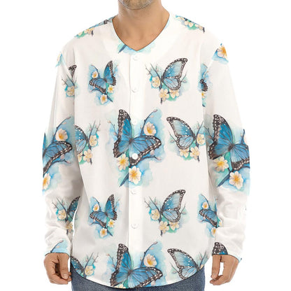 Blossom Blue Butterfly Pattern Print Long Sleeve Baseball Jersey