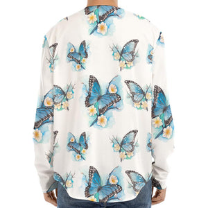 Blossom Blue Butterfly Pattern Print Long Sleeve Baseball Jersey