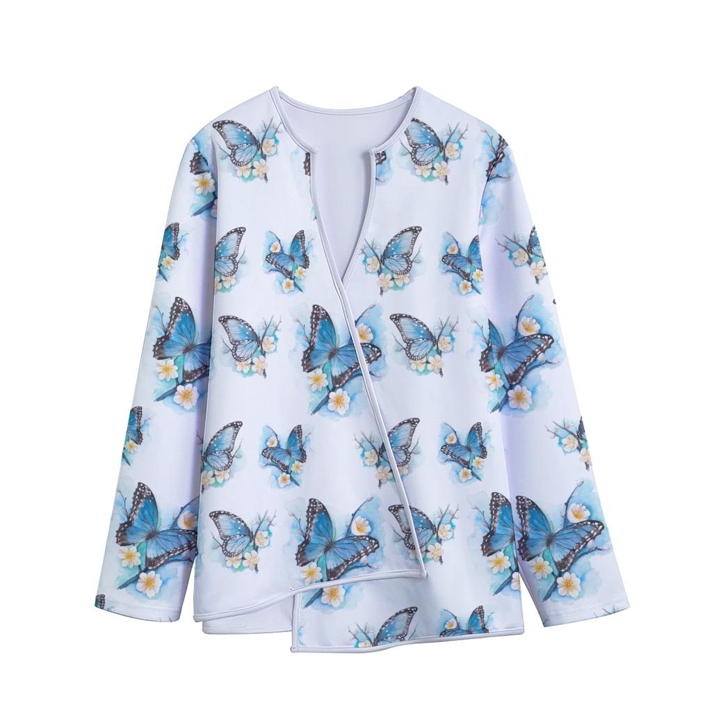 Blossom Blue Butterfly Pattern Print Long Sleeve Short Coat