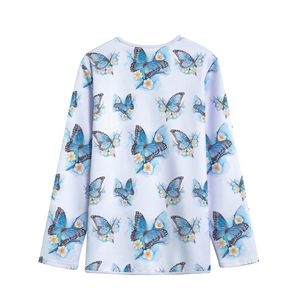 Blossom Blue Butterfly Pattern Print Long Sleeve Short Coat