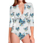 Blossom Blue Butterfly Pattern Print Long Sleeve Swimsuit