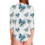 Blossom Blue Butterfly Pattern Print Long Sleeve Swimsuit