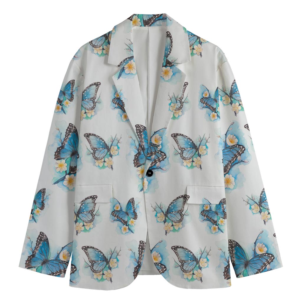 Blossom Blue Butterfly Pattern Print Men's Cotton Blazer