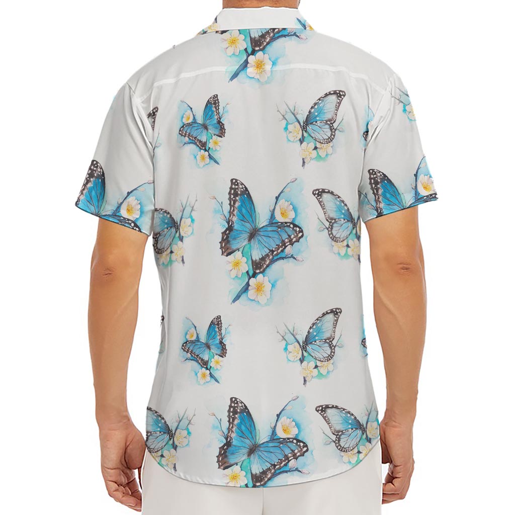 Blossom Blue Butterfly Pattern Print Men's Deep V-Neck Shirt