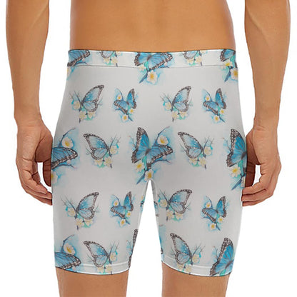 Blossom Blue Butterfly Pattern Print Men's Long Boxer Briefs