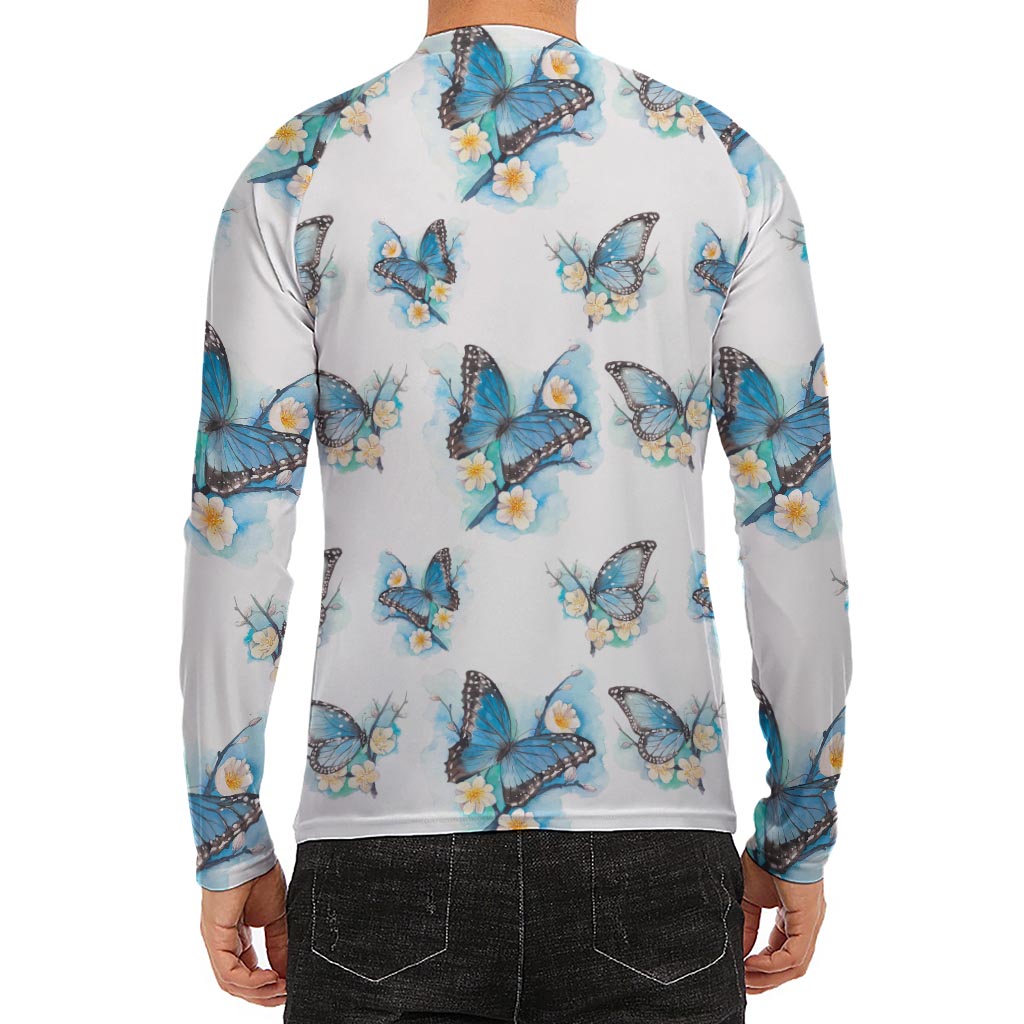 Blossom Blue Butterfly Pattern Print Men's Long Sleeve Rash Guard