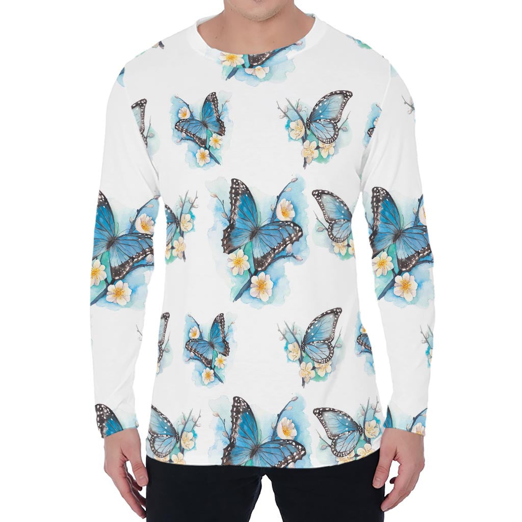 Blossom Blue Butterfly Pattern Print Men's Long Sleeve T-Shirt