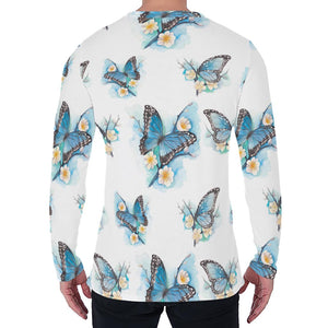 Blossom Blue Butterfly Pattern Print Men's Long Sleeve T-Shirt