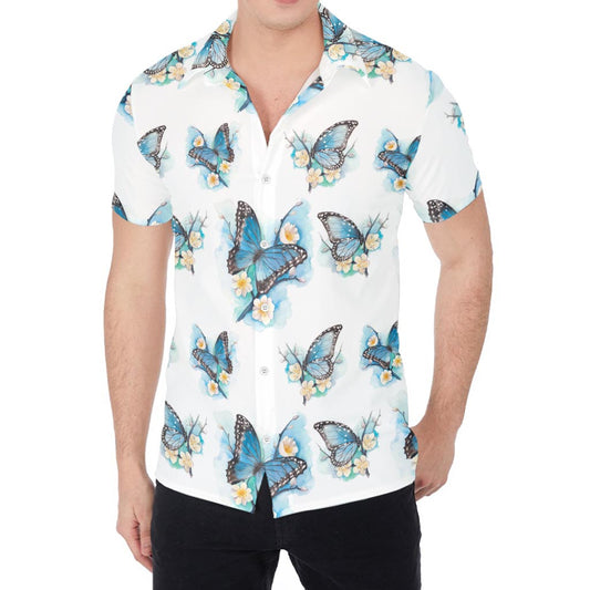 Blossom Blue Butterfly Pattern Print Men's Shirt