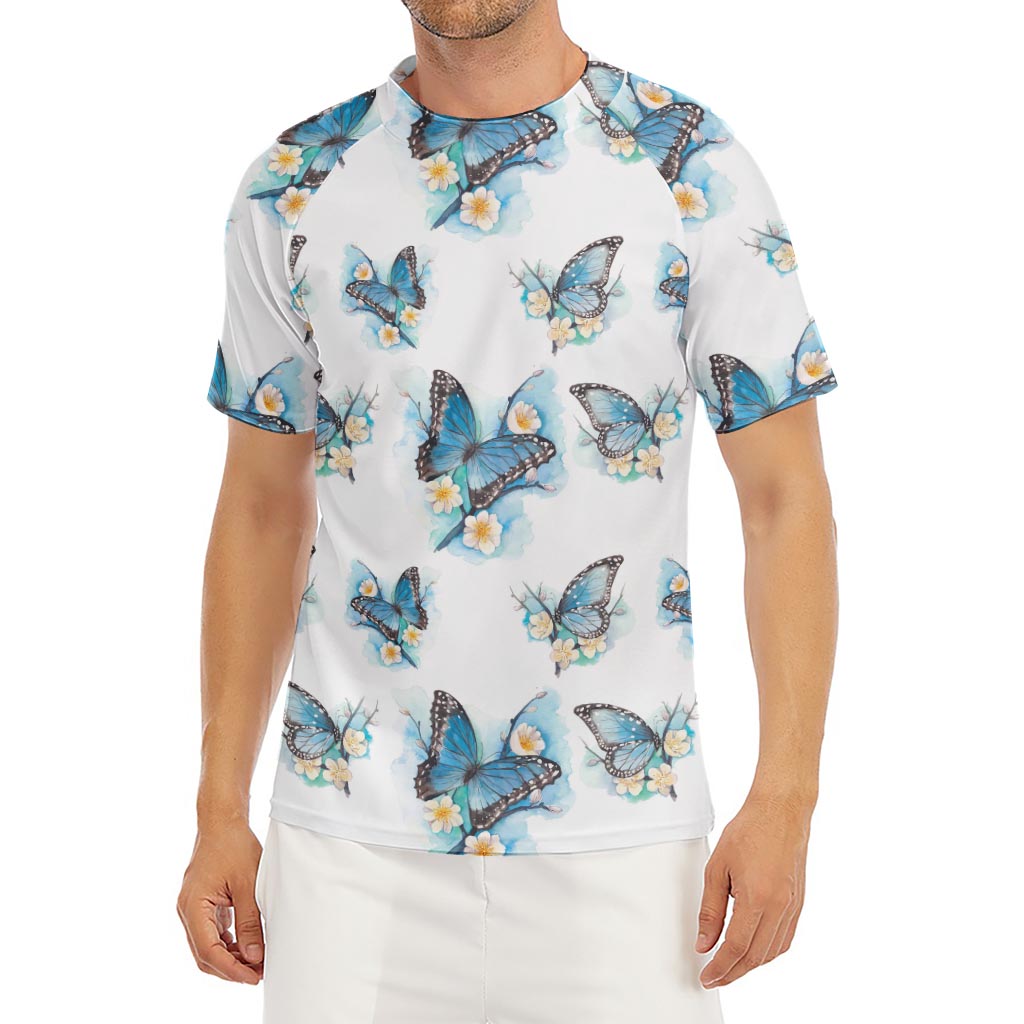 Blossom Blue Butterfly Pattern Print Men's Short Sleeve Rash Guard