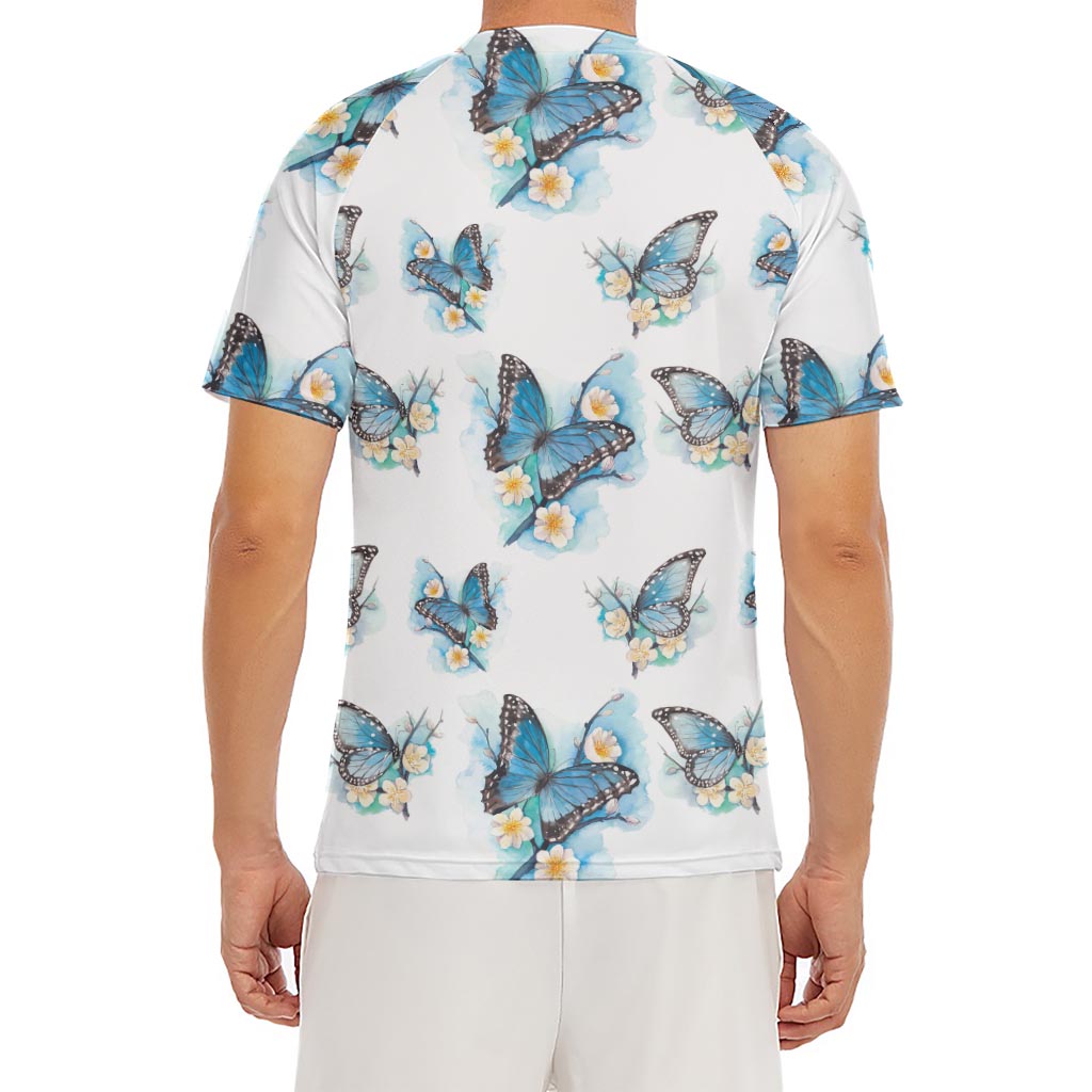 Blossom Blue Butterfly Pattern Print Men's Short Sleeve Rash Guard