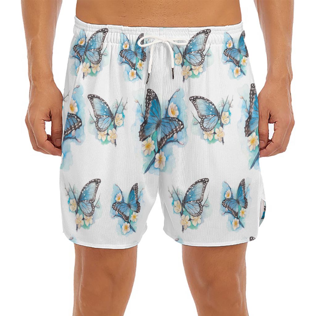 Blossom Blue Butterfly Pattern Print Men's Split Running Shorts