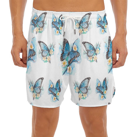 Blossom Blue Butterfly Pattern Print Men's Split Running Shorts