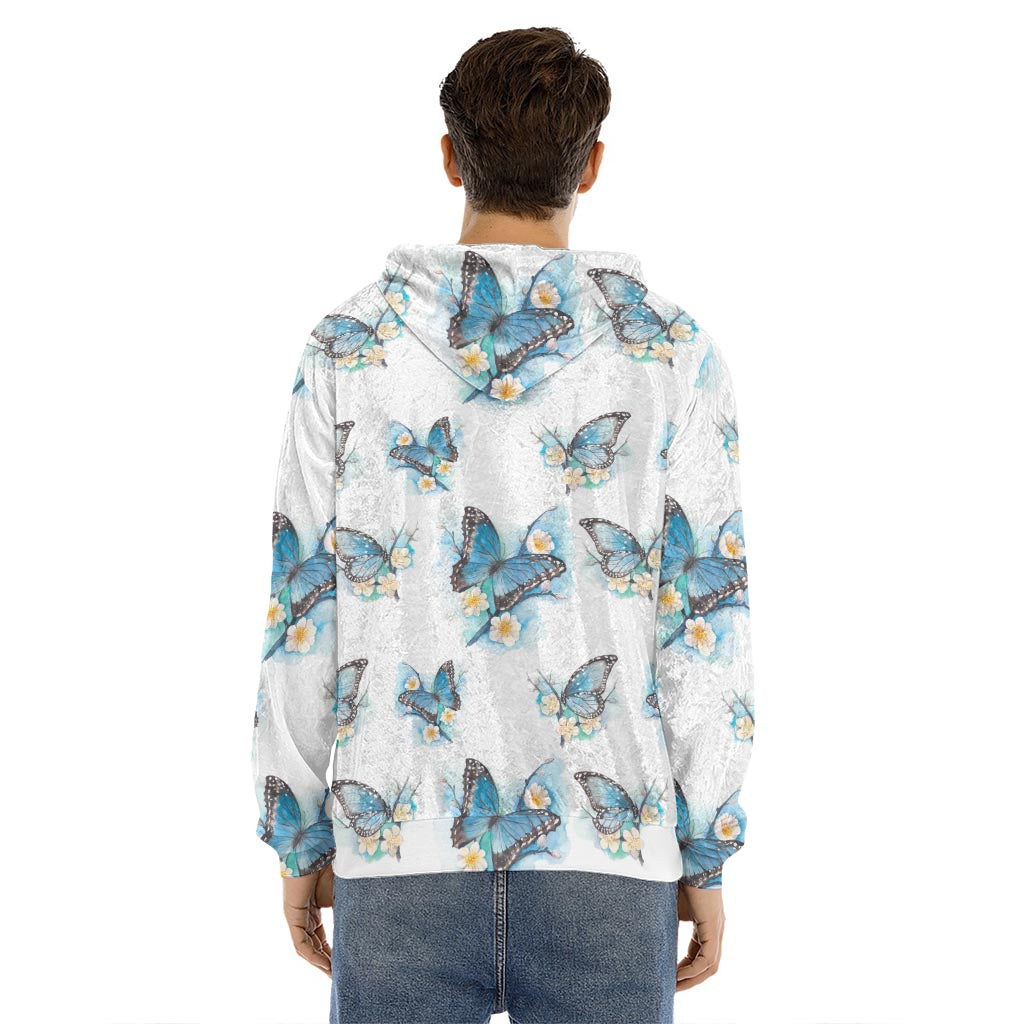 Blossom Blue Butterfly Pattern Print Men's Velvet Pullover Hoodie