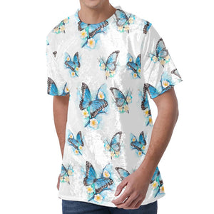 Blossom Blue Butterfly Pattern Print Men's Velvet T-Shirt