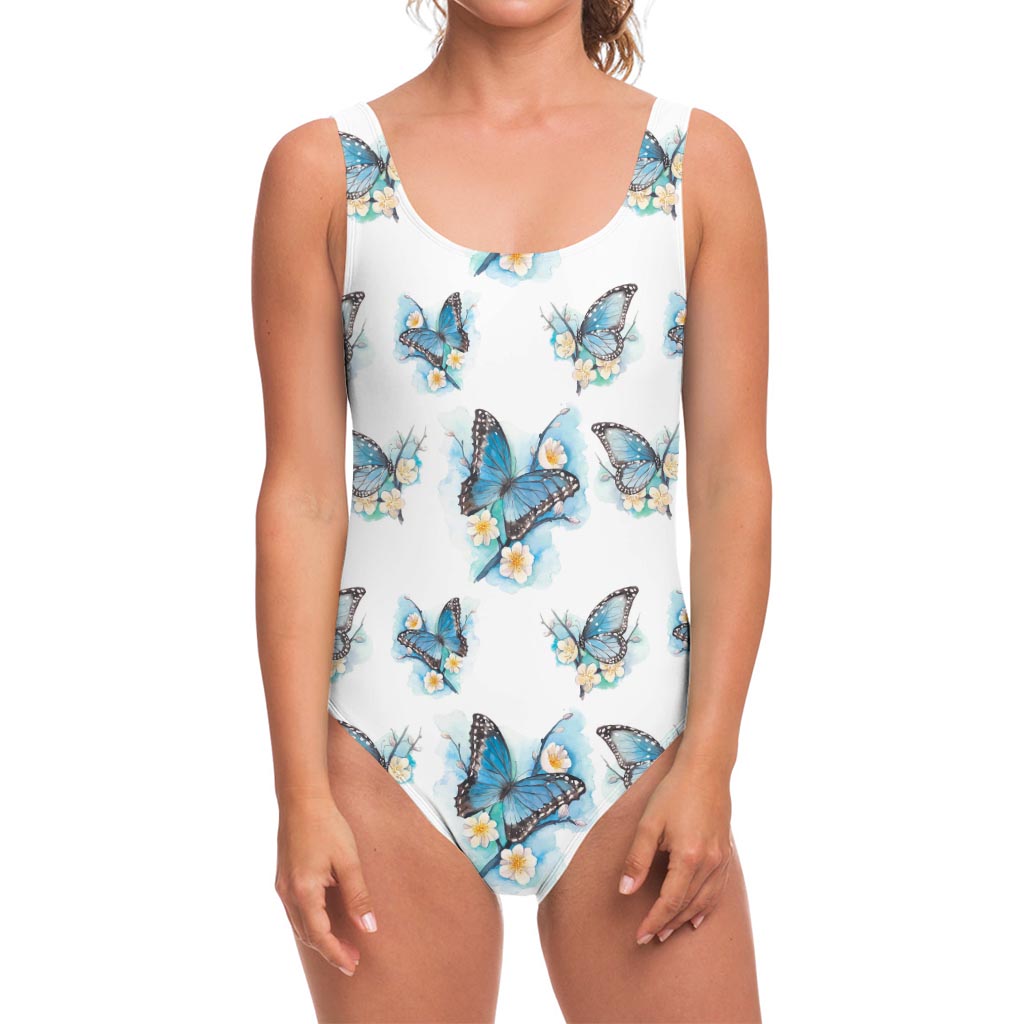 Blossom Blue Butterfly Pattern Print One Piece Swimsuit