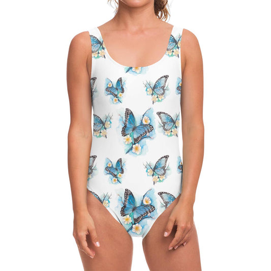 Blossom Blue Butterfly Pattern Print One Piece Swimsuit