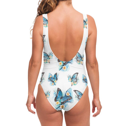Blossom Blue Butterfly Pattern Print One Piece Swimsuit