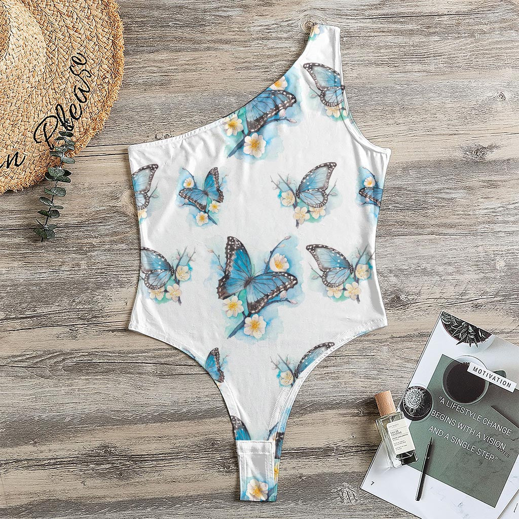 Blossom Blue Butterfly Pattern Print One Shoulder Bodysuit