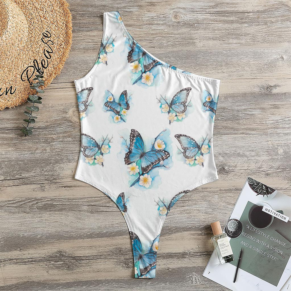 Blossom Blue Butterfly Pattern Print One Shoulder Bodysuit