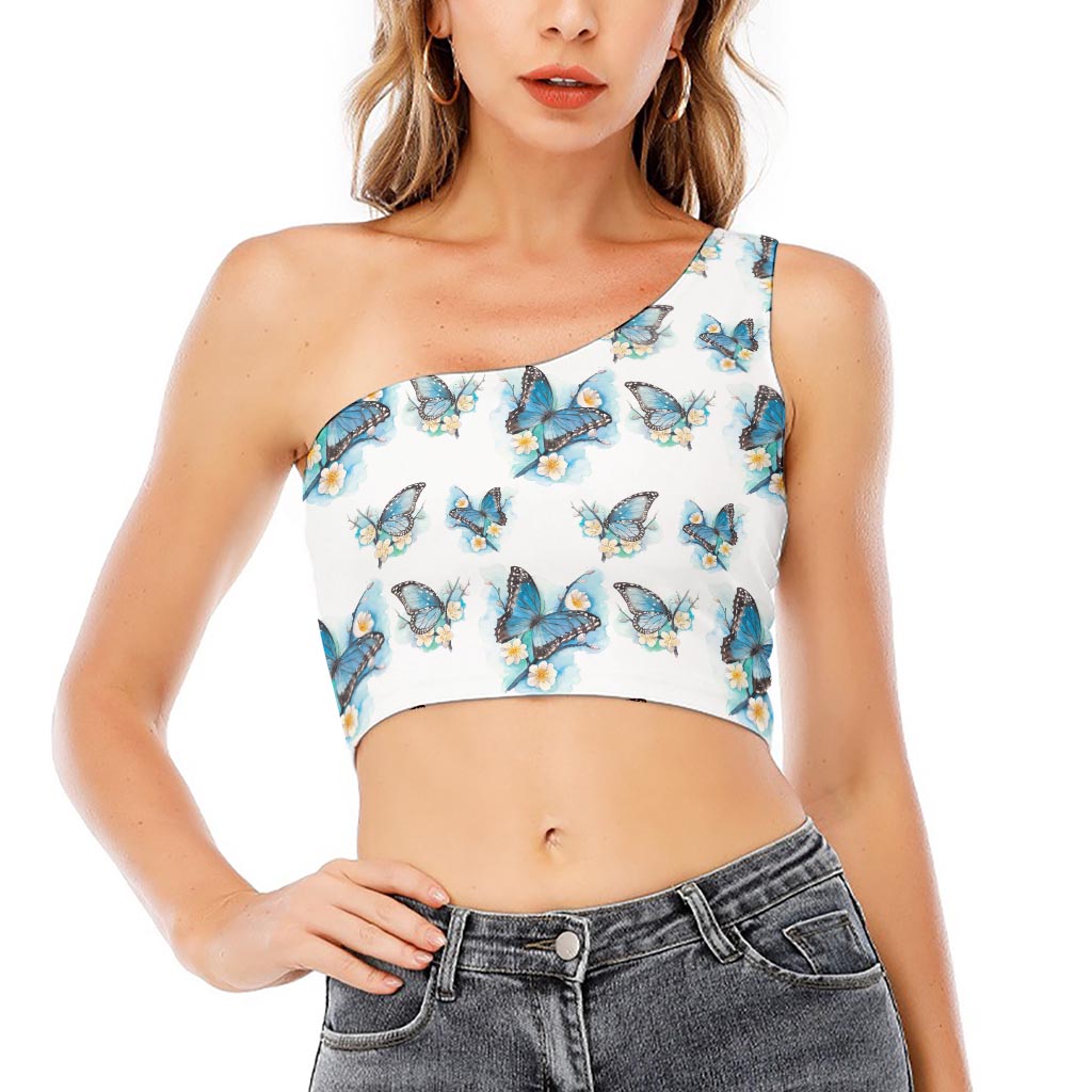 Blossom Blue Butterfly Pattern Print One Shoulder Crop Top