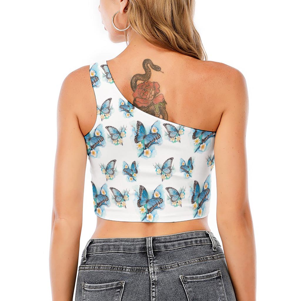 Blossom Blue Butterfly Pattern Print One Shoulder Crop Top