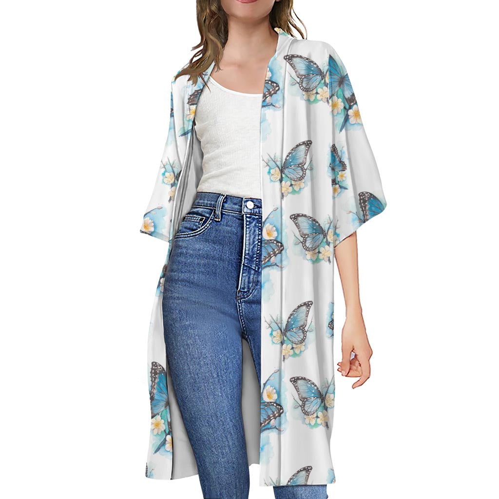 Blossom Blue Butterfly Pattern Print Open Front Beach Cover Up