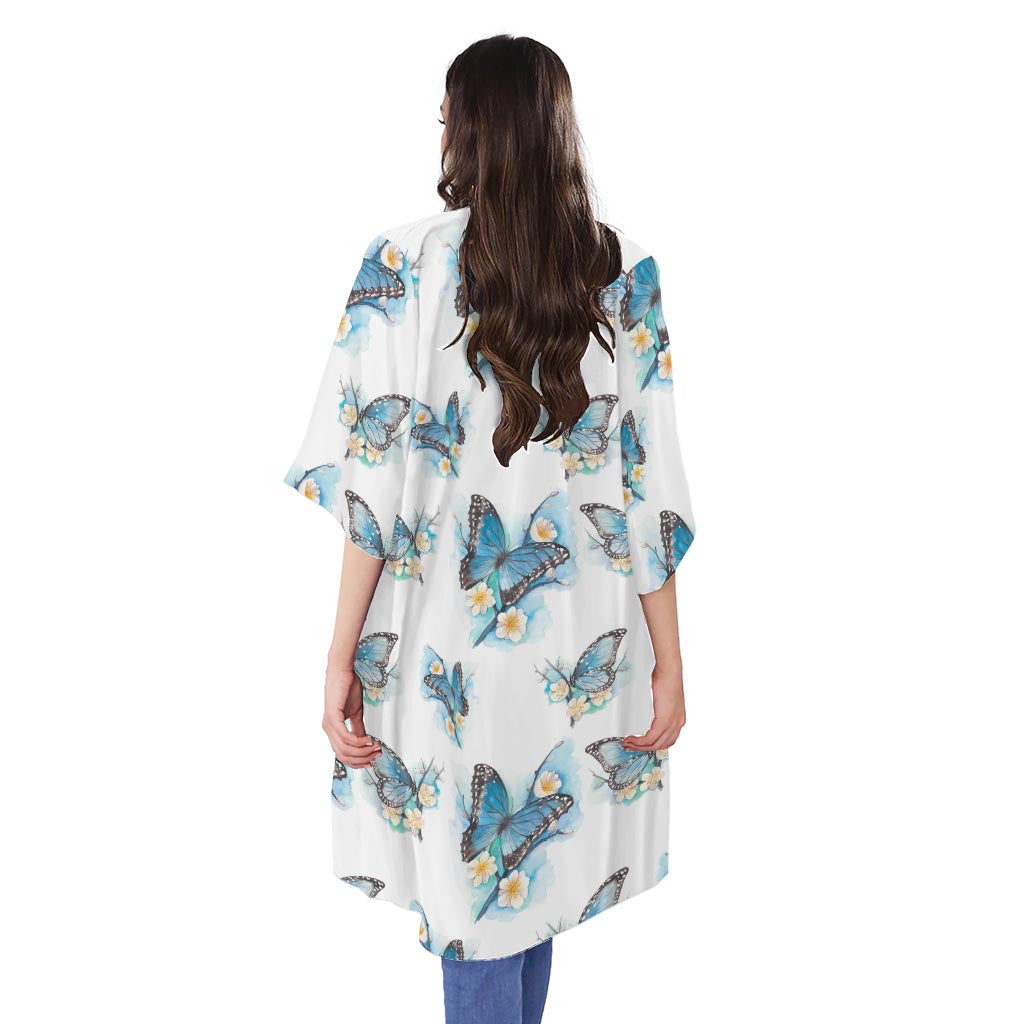 Blossom Blue Butterfly Pattern Print Open Front Beach Cover Up