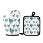 Blossom Blue Butterfly Pattern Print Oven Mitt And Pot Holder Set