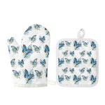 Blossom Blue Butterfly Pattern Print Oven Mitt And Pot Holder Set
