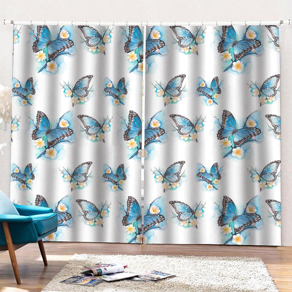 Blossom Blue Butterfly Pattern Print Pencil Pleat Curtains