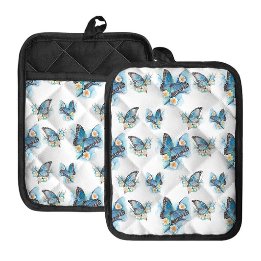 Blossom Blue Butterfly Pattern Print Pot Holders With Pocket
