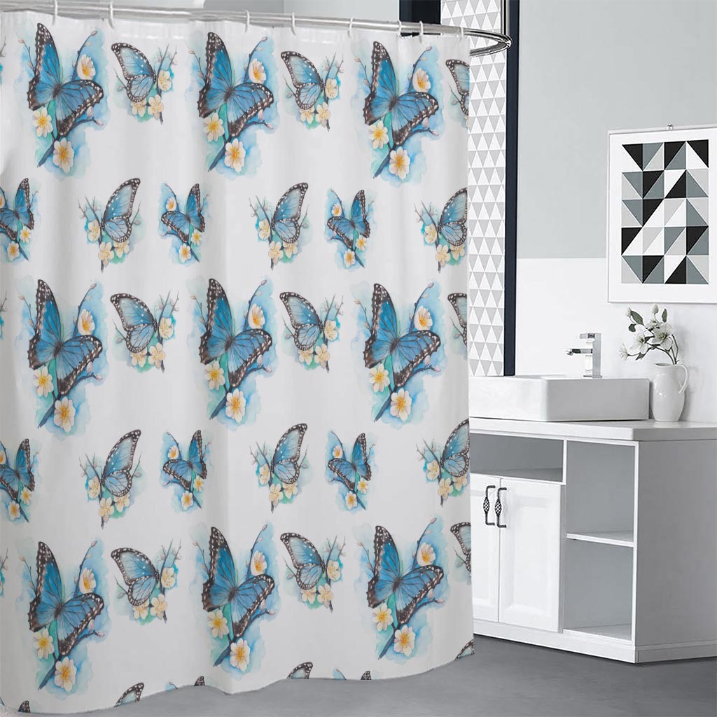 Blossom Blue Butterfly Pattern Print Premium Shower Curtain