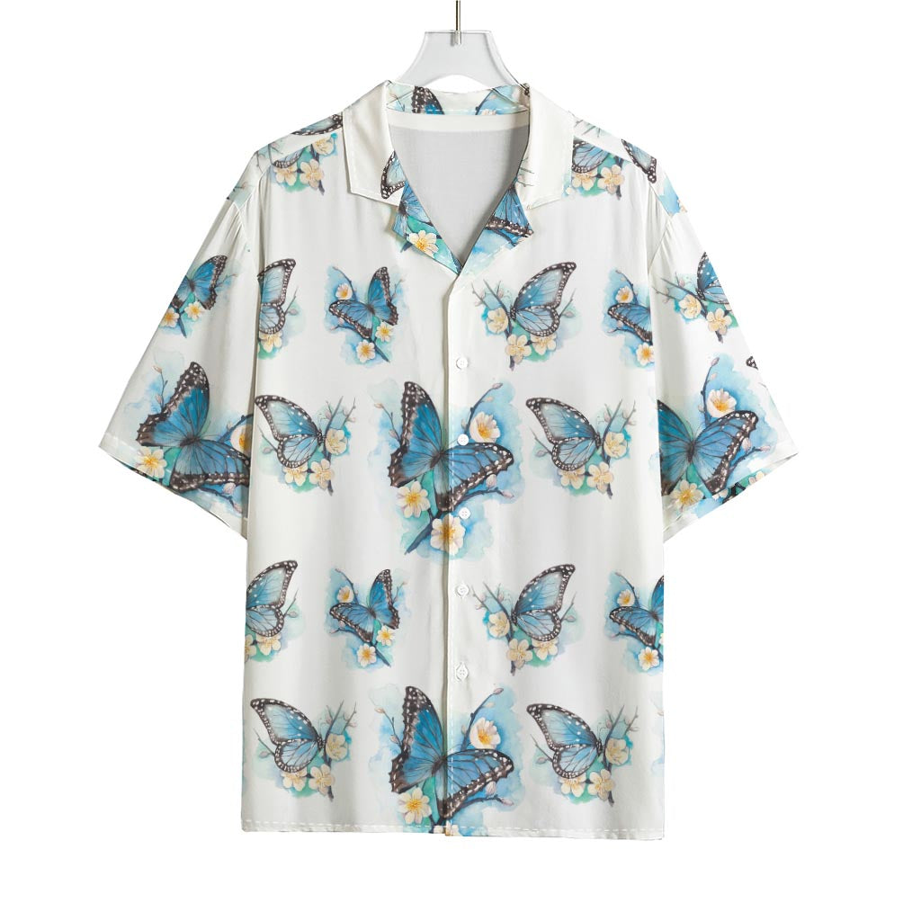 Blossom Blue Butterfly Pattern Print Rayon Hawaiian Shirt