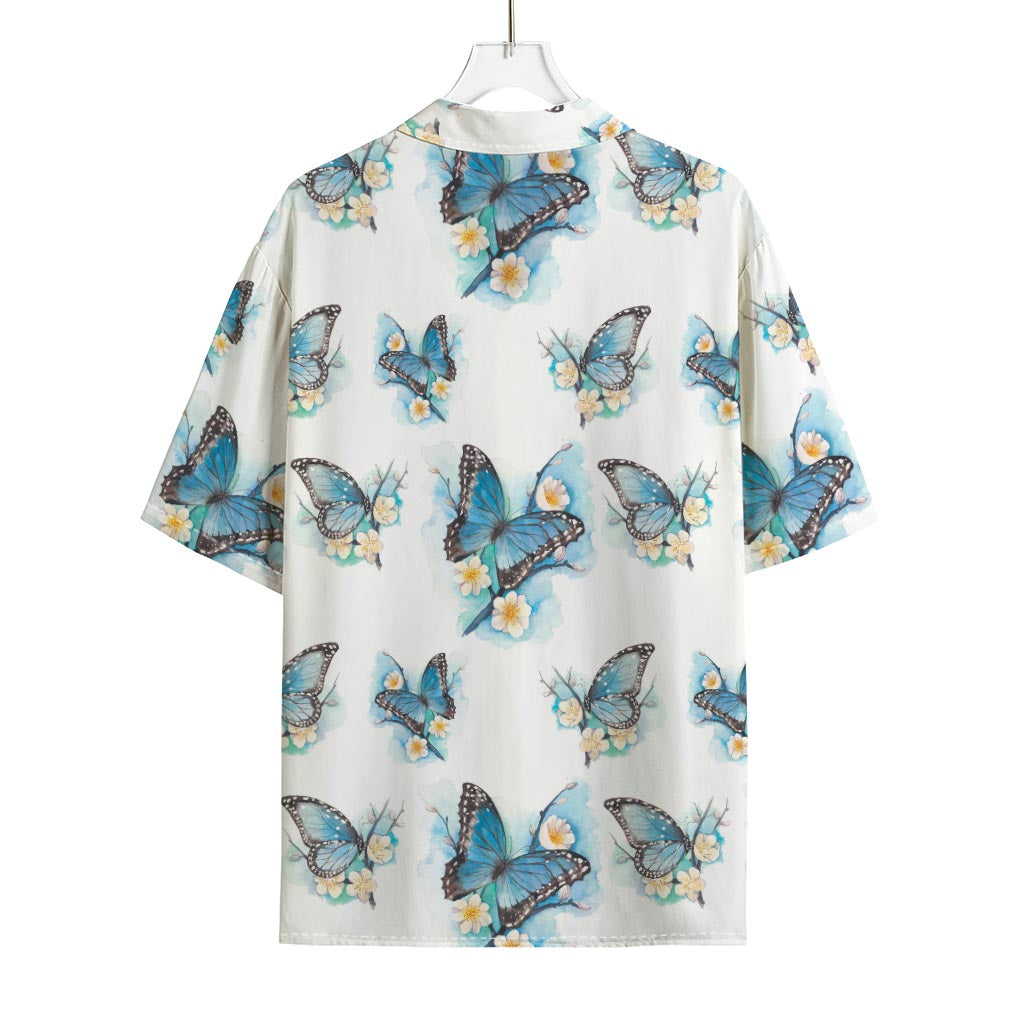 Blossom Blue Butterfly Pattern Print Rayon Hawaiian Shirt