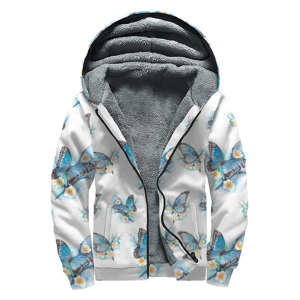 Blossom Blue Butterfly Pattern Print Sherpa Lined Zip Up Hoodie