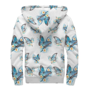 Blossom Blue Butterfly Pattern Print Sherpa Lined Zip Up Hoodie