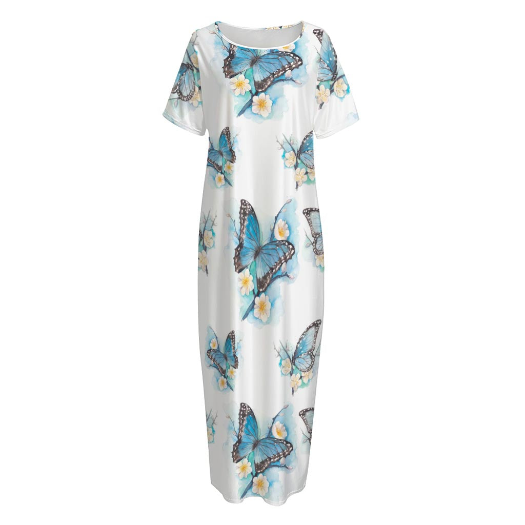 Blossom Blue Butterfly Pattern Print Short Sleeve Long Nightdress