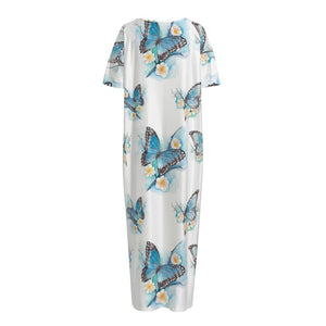 Blossom Blue Butterfly Pattern Print Short Sleeve Long Nightdress