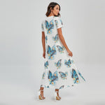 Blossom Blue Butterfly Pattern Print Short Sleeve Maxi Dress