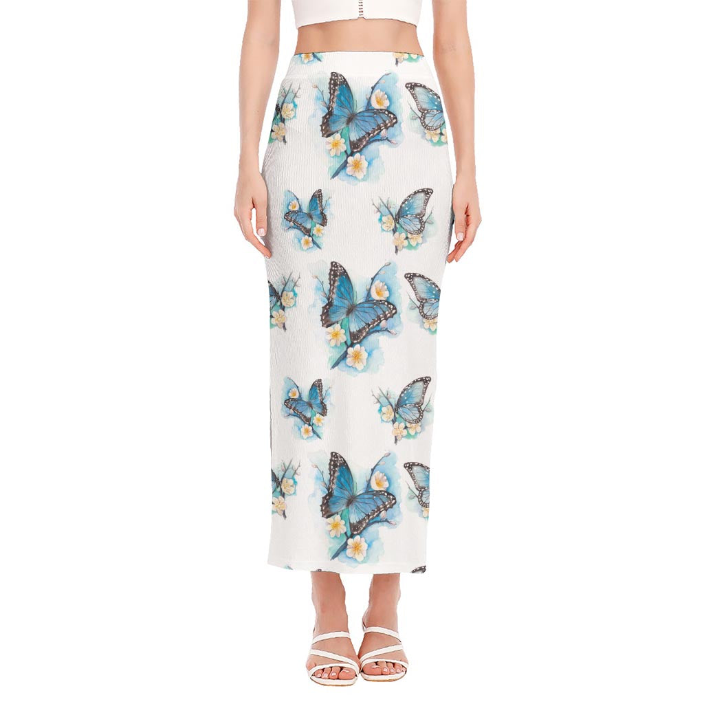 Blossom Blue Butterfly Pattern Print Side Slit Maxi Skirt