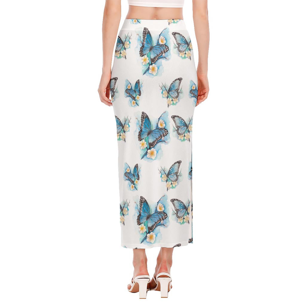 Blossom Blue Butterfly Pattern Print Side Slit Maxi Skirt